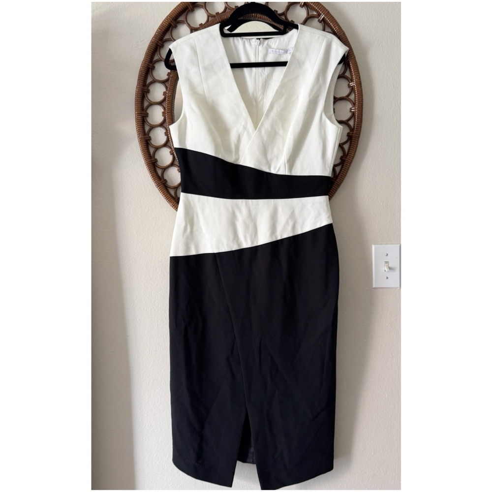 Black Halo black and white sheath dress color block size 10
